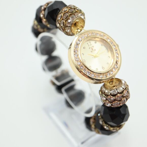 Charming Charlie Gold Tone Large Bead Watch 31mm Gem Set Stretch w New Battery - Picture 11 of 16